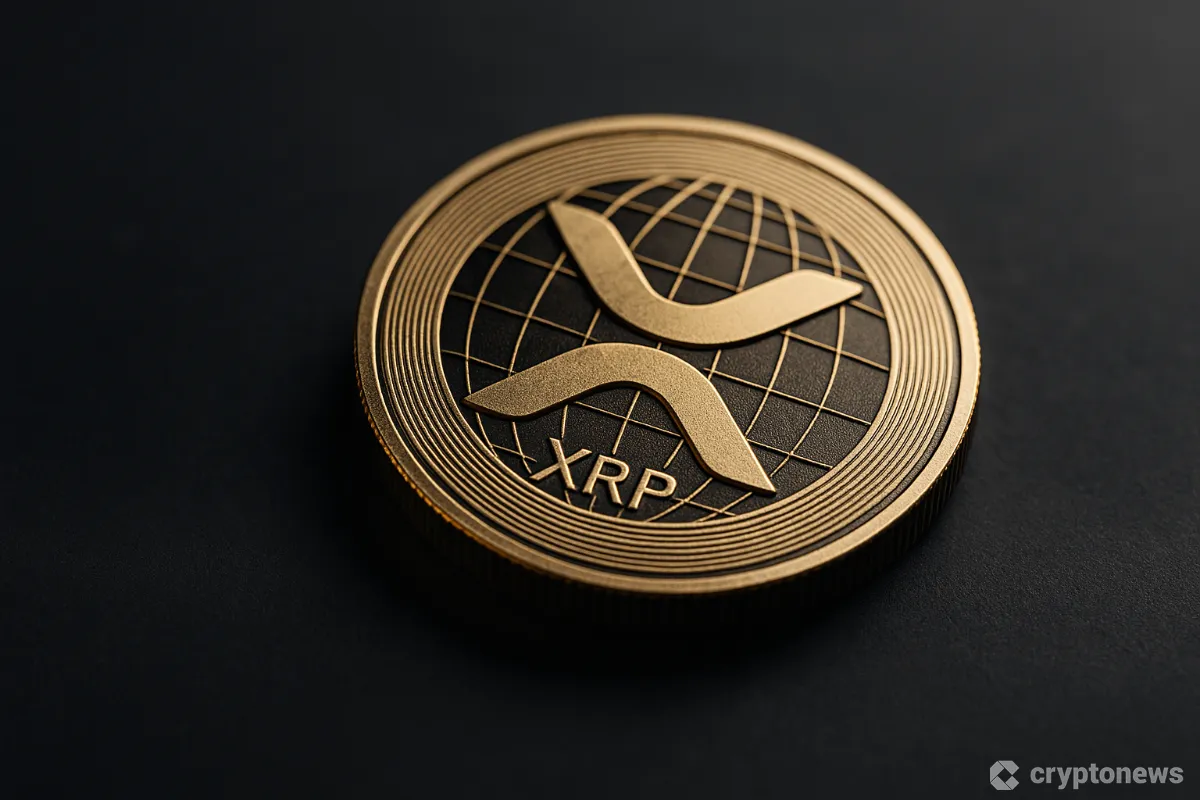 リップル(XRP)とサークル(USDC)のロゴがデジタルな橋で結ばれている未来的な画像