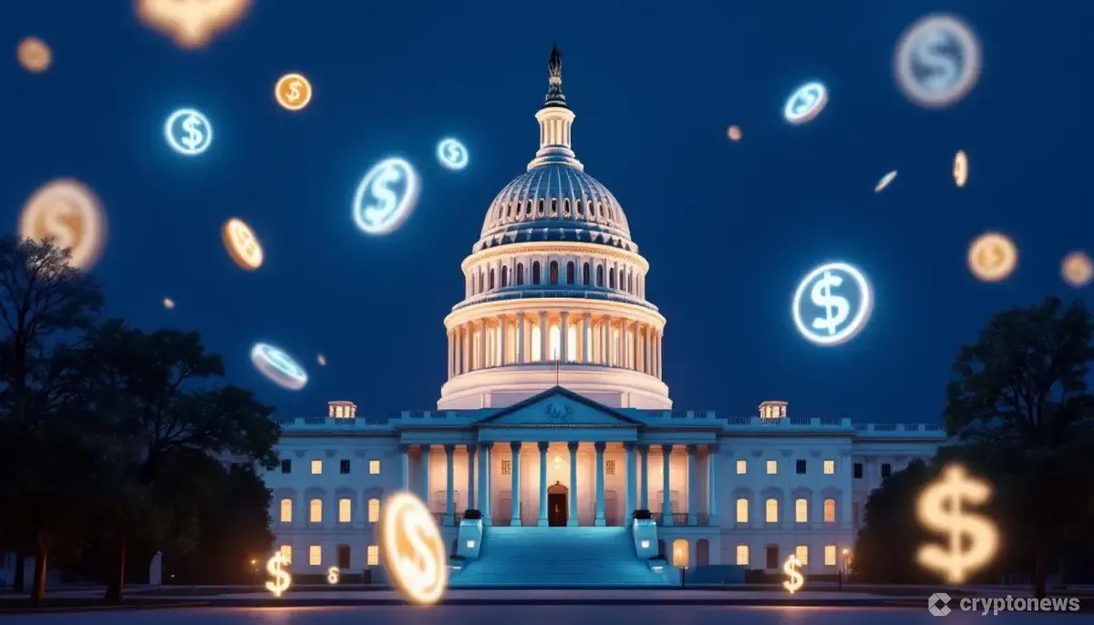 ステーブルコインのシンボルが浮かぶ米国議会議事堂のイラスト。金融規制の重要性を示唆している。
