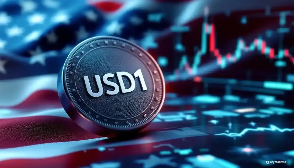 アメリカ国旗と金融チャートを背景にした、USD1ステーブルコインの3Dレンダリング画像