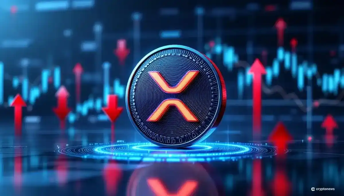 企業の財務チャートを背景に表示されるXRPのロゴ