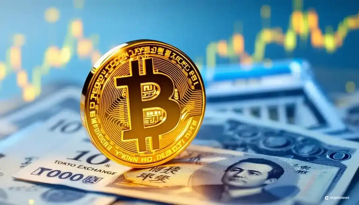 日本円の紙幣の上に置かれたビットコインのシンボルと、上昇する株価チャート