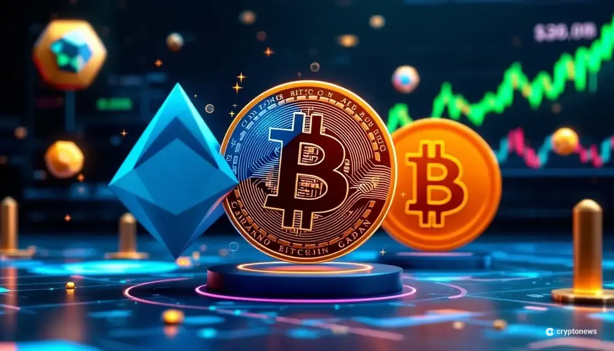 カルダノ(ADA)のロゴがビットコインやステーブルコインに変化していく様子を示すCG画像。エコシステムの資産多様化を象徴している。