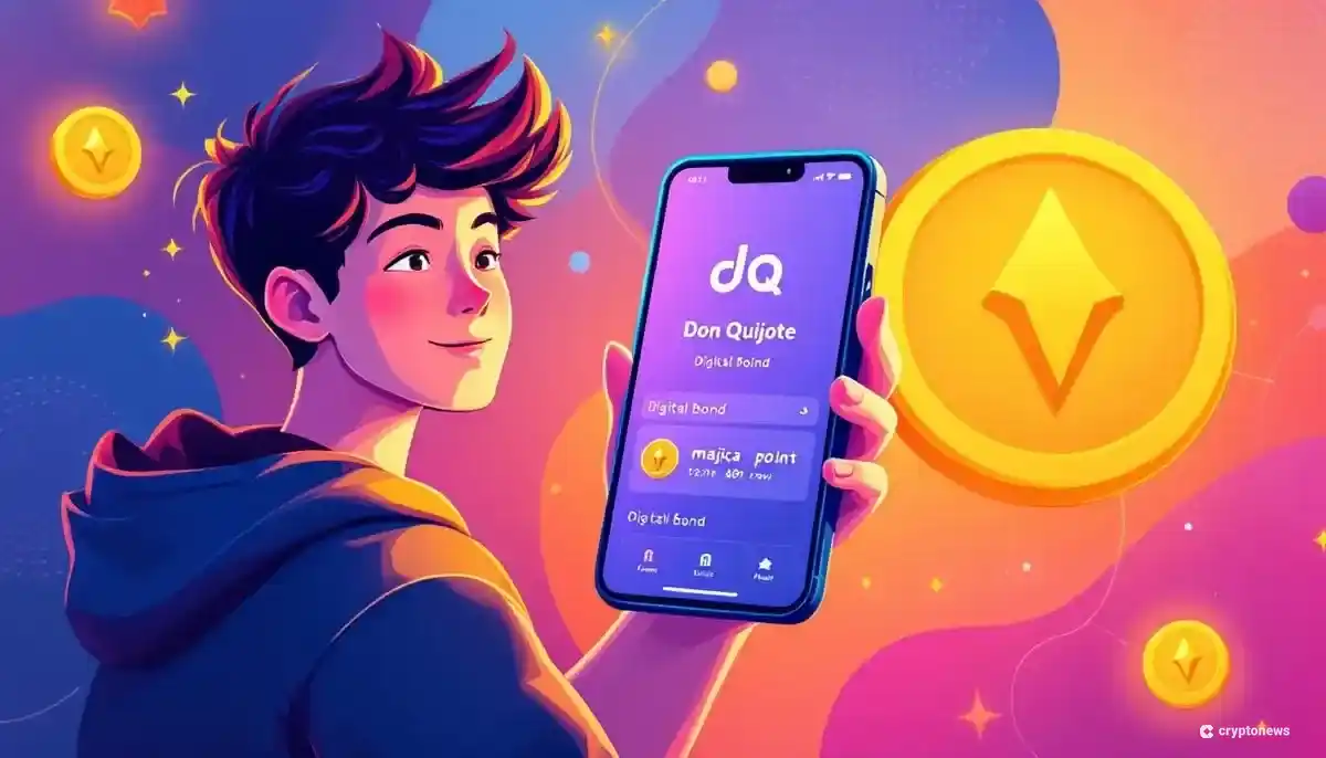 スマートフォンでデジタル社債の情報を確認する若者と、majicaポイントのアイコン