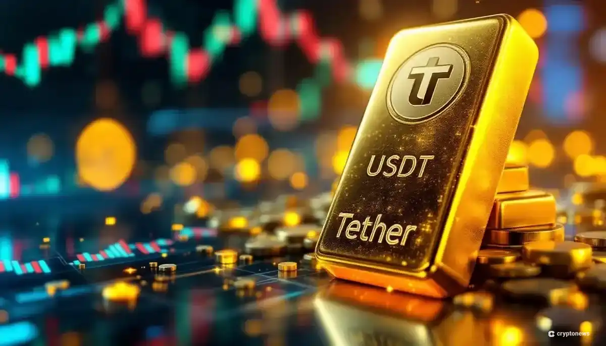 テザー、金、ビットコインのシンボルが融合した未来的な金融インターフェースの画像