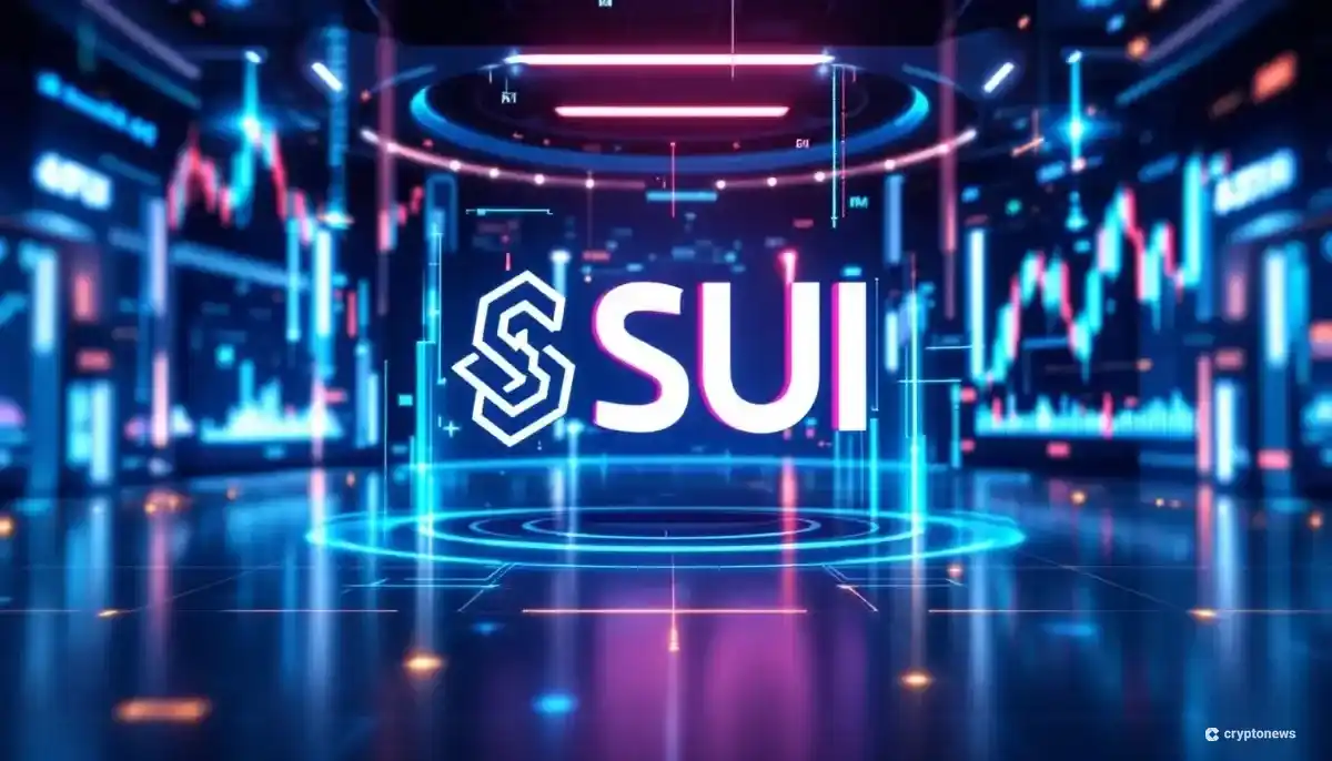 SUIのロゴとNasdaqの金融チャートが描かれた未来的な背景