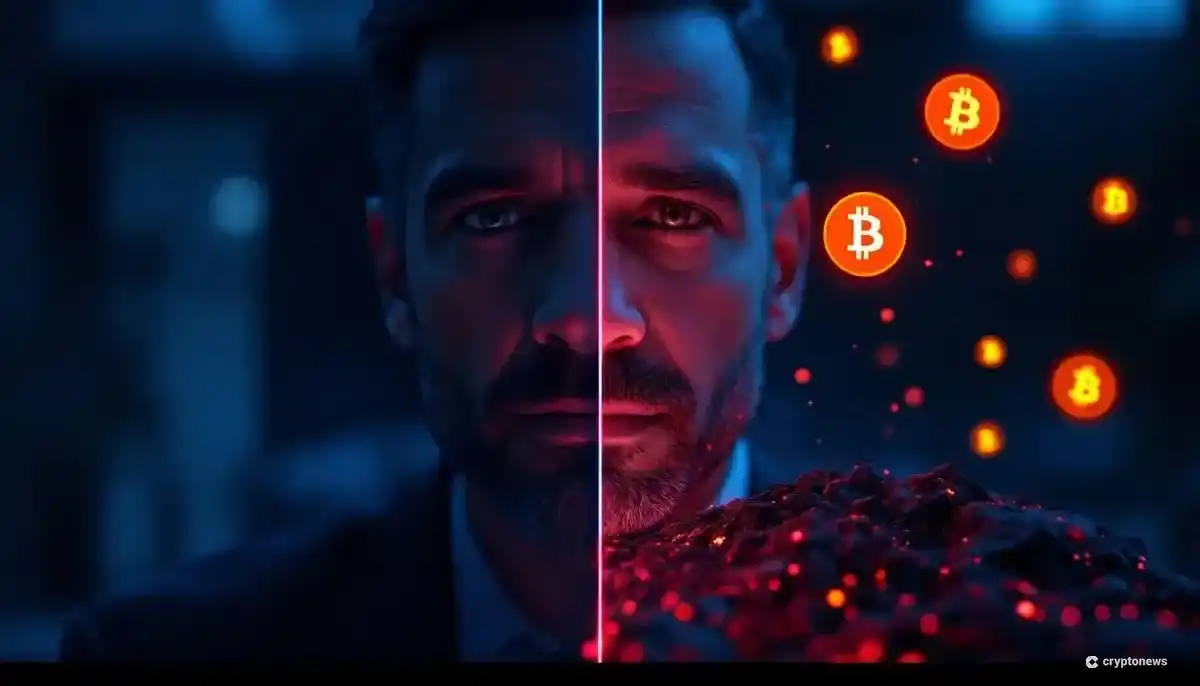 AIディープフェイク技術を利用した仮想通貨詐欺を象徴する画像