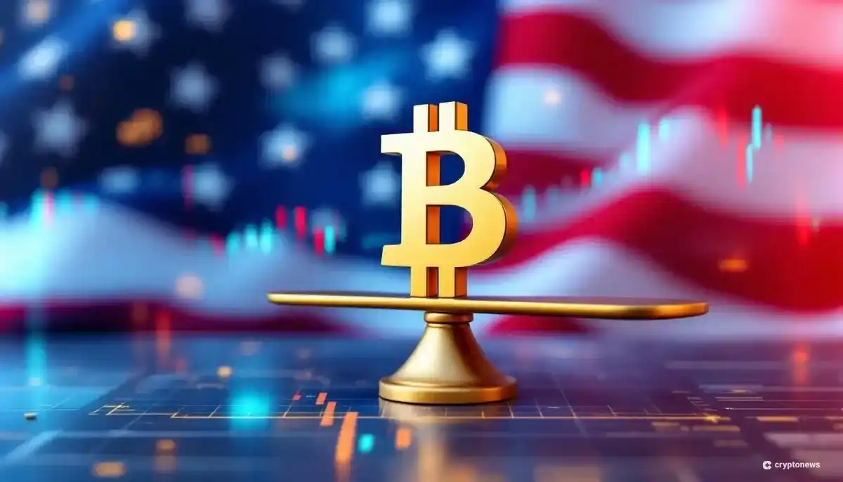 アメリカ国旗と株価データを背景に、天秤に乗ったビットコインのシンボル