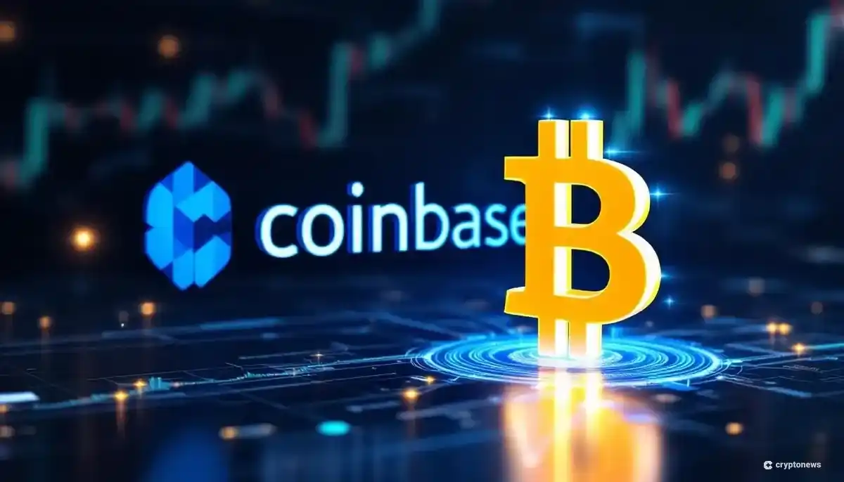 コインベースとビットコインのロゴが光る線で結ばれ、背景には金融チャートが浮かぶ未来的な画像