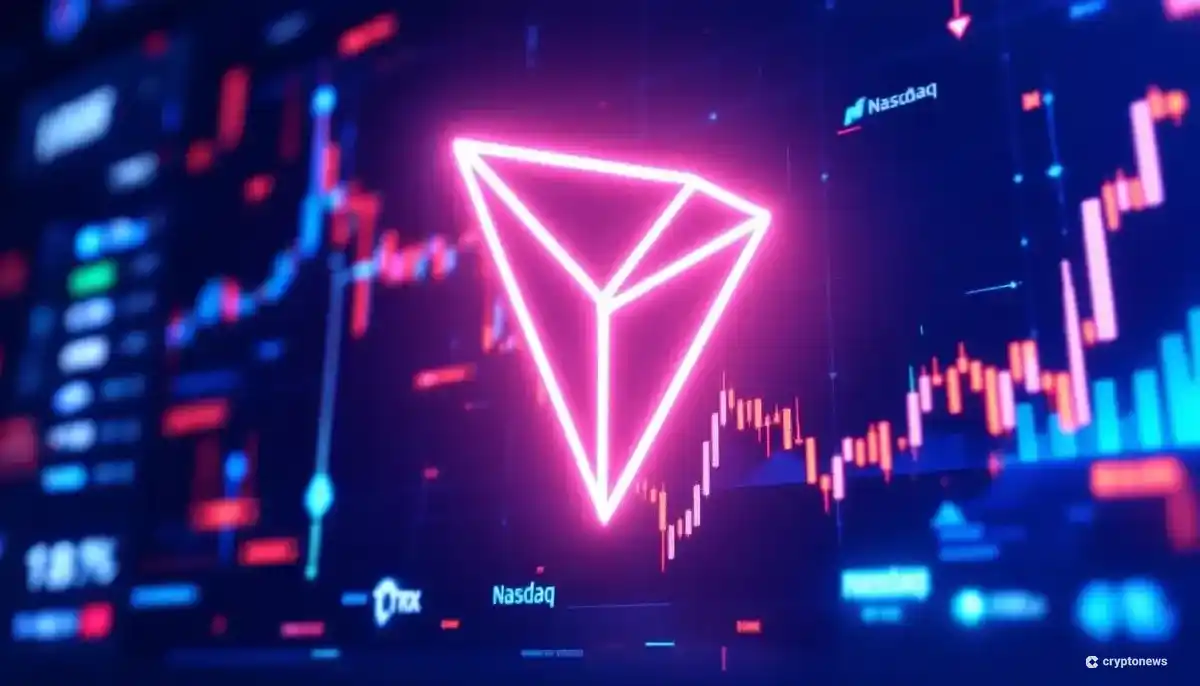 トロンのロゴとナスダックの株価ボード