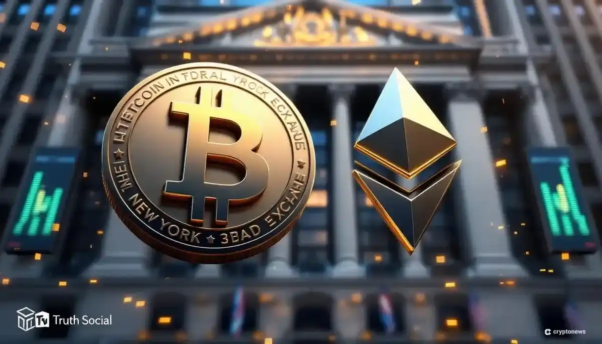 ビットコインとイーサリアムのロゴが並ぶ、Truth Socialの仮想通貨ETFをイメージした画像