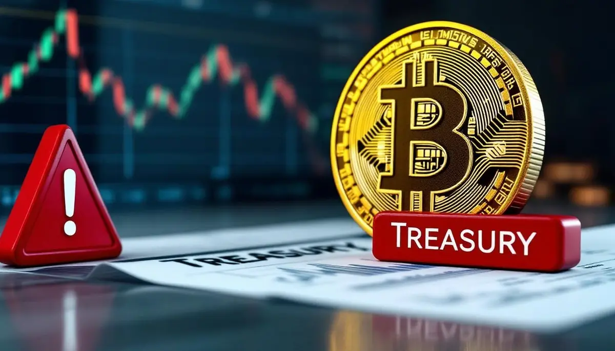 企業の財務書類の上で危うげにバランスをとるビットコインのシンボルと警告マーク