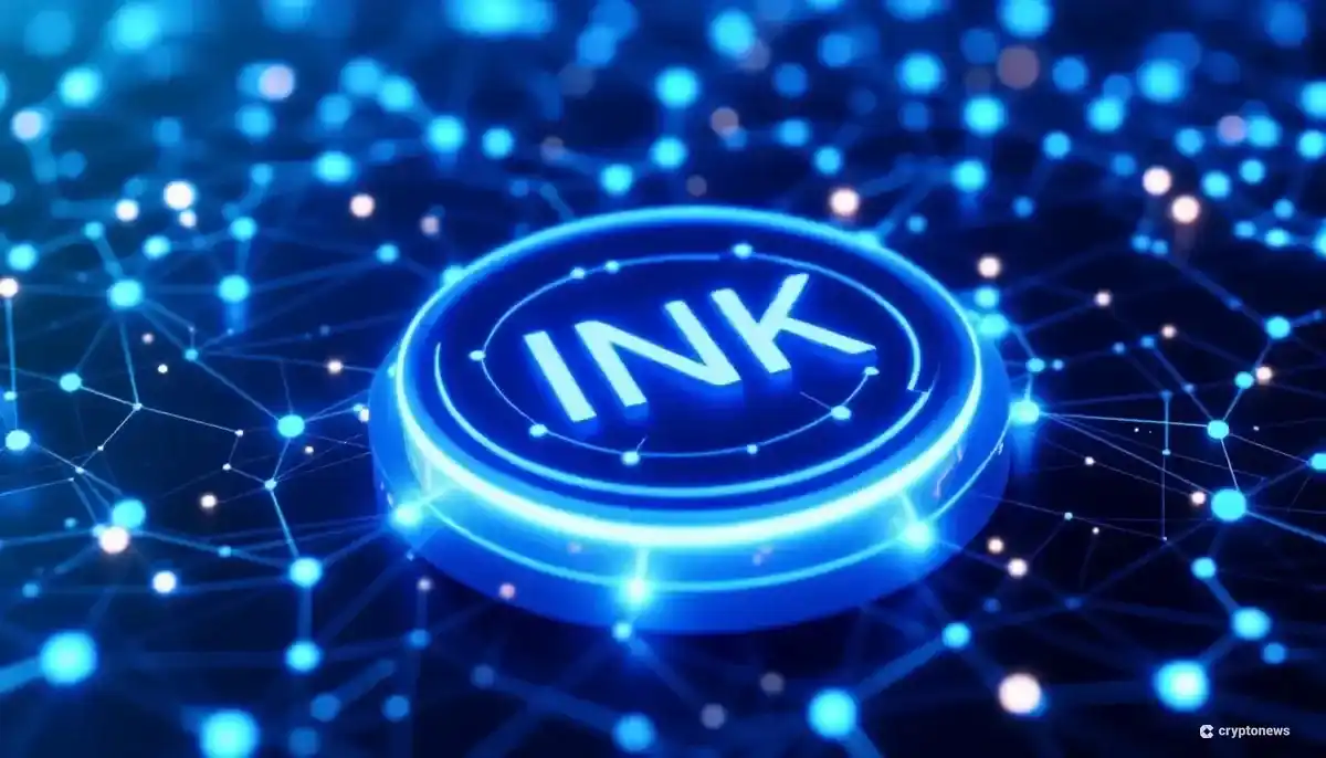 イーサリアムのレイヤー2ネットワークを象徴するデジタルな背景に、輝くINKトークンのロゴ
