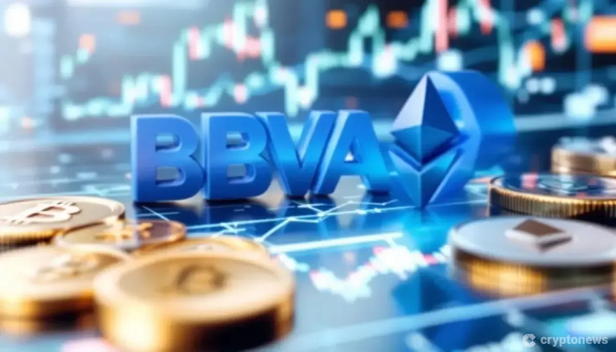 スペインの大手銀行BBVAのロゴと仮想通貨のシンボル
