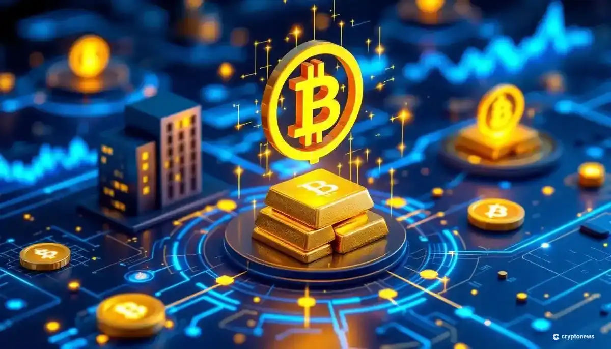 現実世界の資産がデジタルトークンに変換される様子を示す未来的なブロックチェーンのイラスト