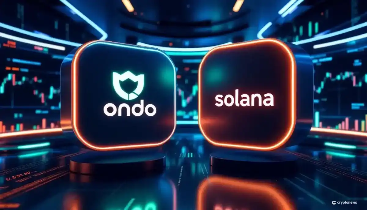 Ondo Financeとソラナのロゴが並び、背景にはデジタル化された金融商品が描かれている未来的な画像