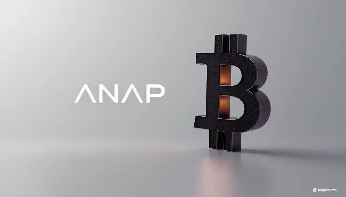 ファッション企業ANAPのロゴとビットコインのシンボルが並ぶ未来的なデザイン画像