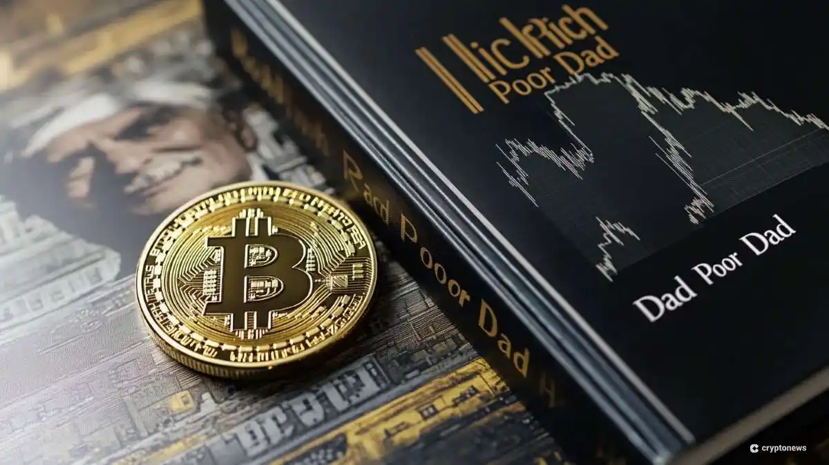 「金持ち父さん貧乏父さん」の本とビットコインのコインが並べられている画像