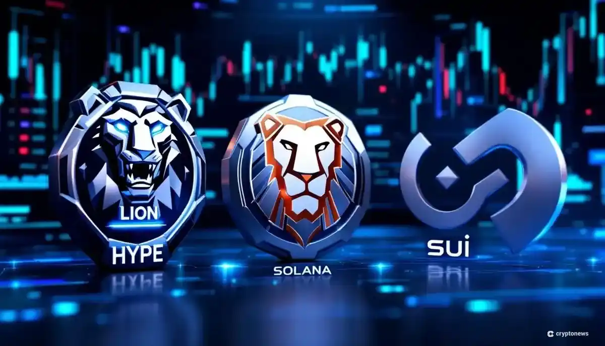 Lion Group、Hyperliquid、ソラナ、Suiのロゴが並ぶ未来的な金融インターフェース