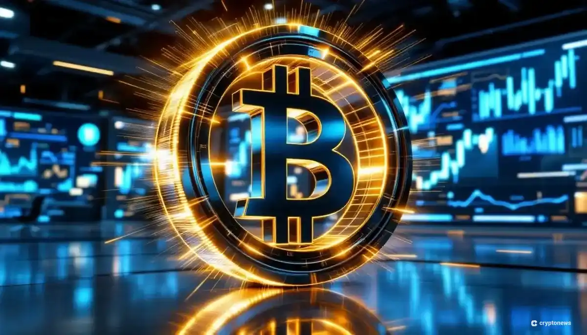 ビットコインのシンボルが弾み車のように回転し勢いを増している未来的な企業の背景画像