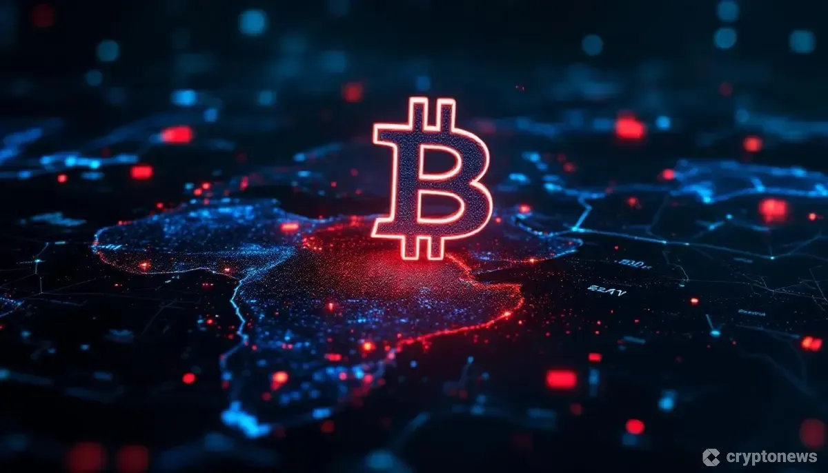 中東地域の地政学的リスクとビットコインのシンボルが描かれた緊迫感のある画像