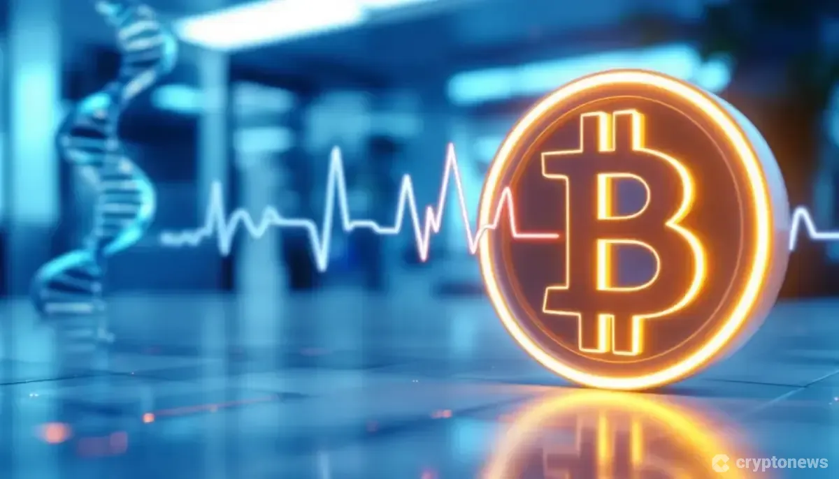 医療技術とビットコインのシンボルが融合した未来的なイメージ