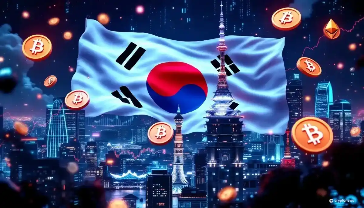 韓国の国旗と仮想通貨のシンボルが融合した未来的なイメージ