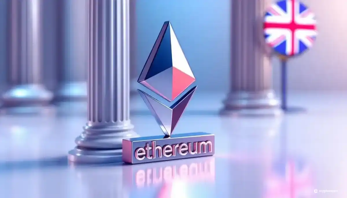 伝統的な金融機関の柱と融合したイーサリアムのロゴ。ブロックチェーンと金融の融合を象徴する画像