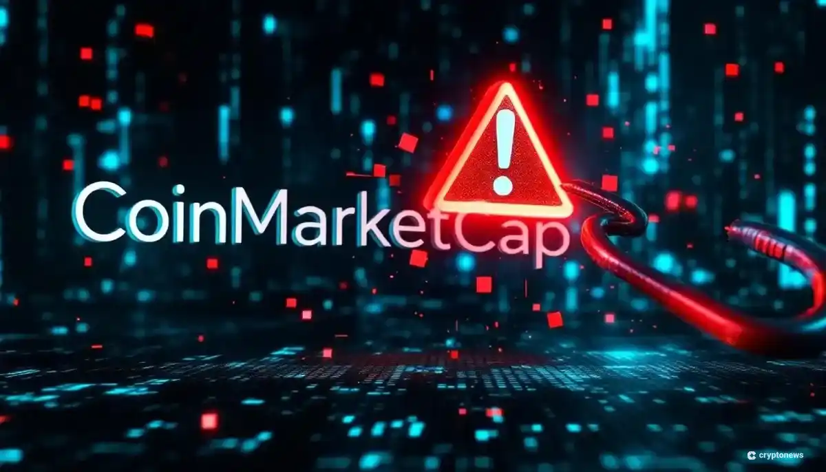 CoinMarketCapのロゴに赤い警告マークと釣り針が向けられているハッキングを象徴する画像