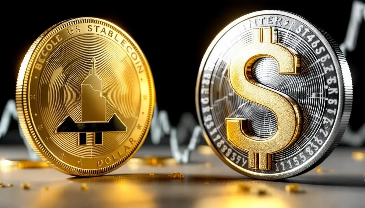金のコインとステーブルコインのシンボルが並び、背景には下落する米ドル紙幣が描かれているイメージ。