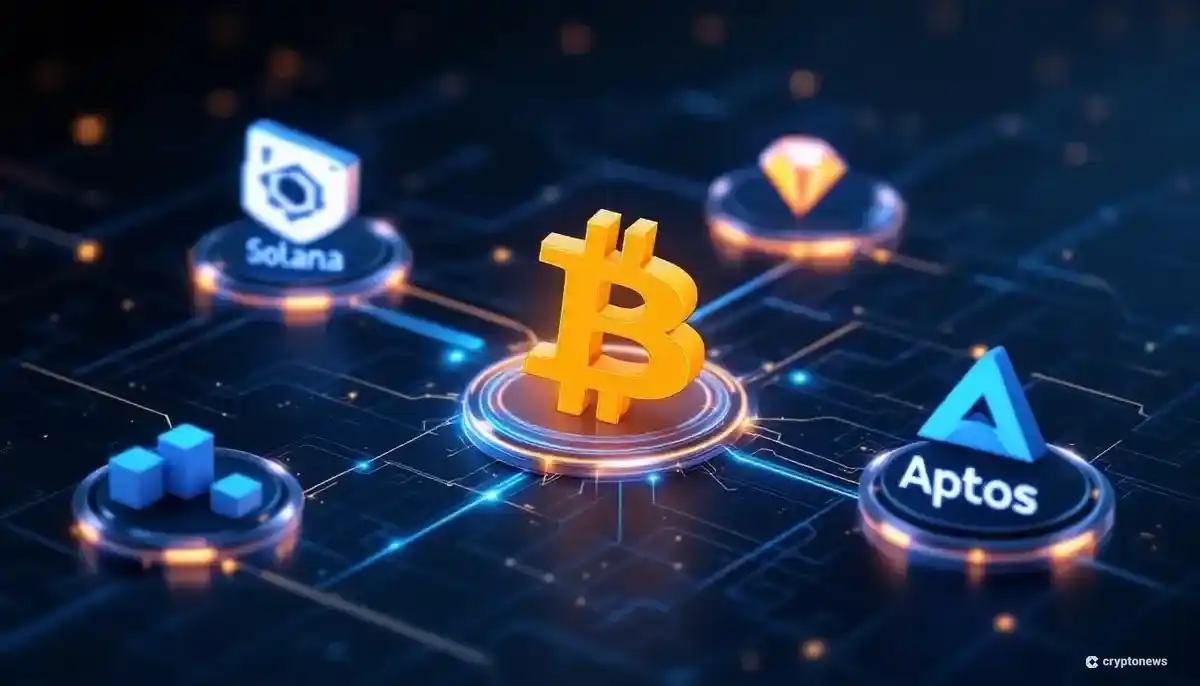 ビットコインのシンボルがソラナ、Sui、Aptosのロゴと光の線で繋がっている未来的なイメージ