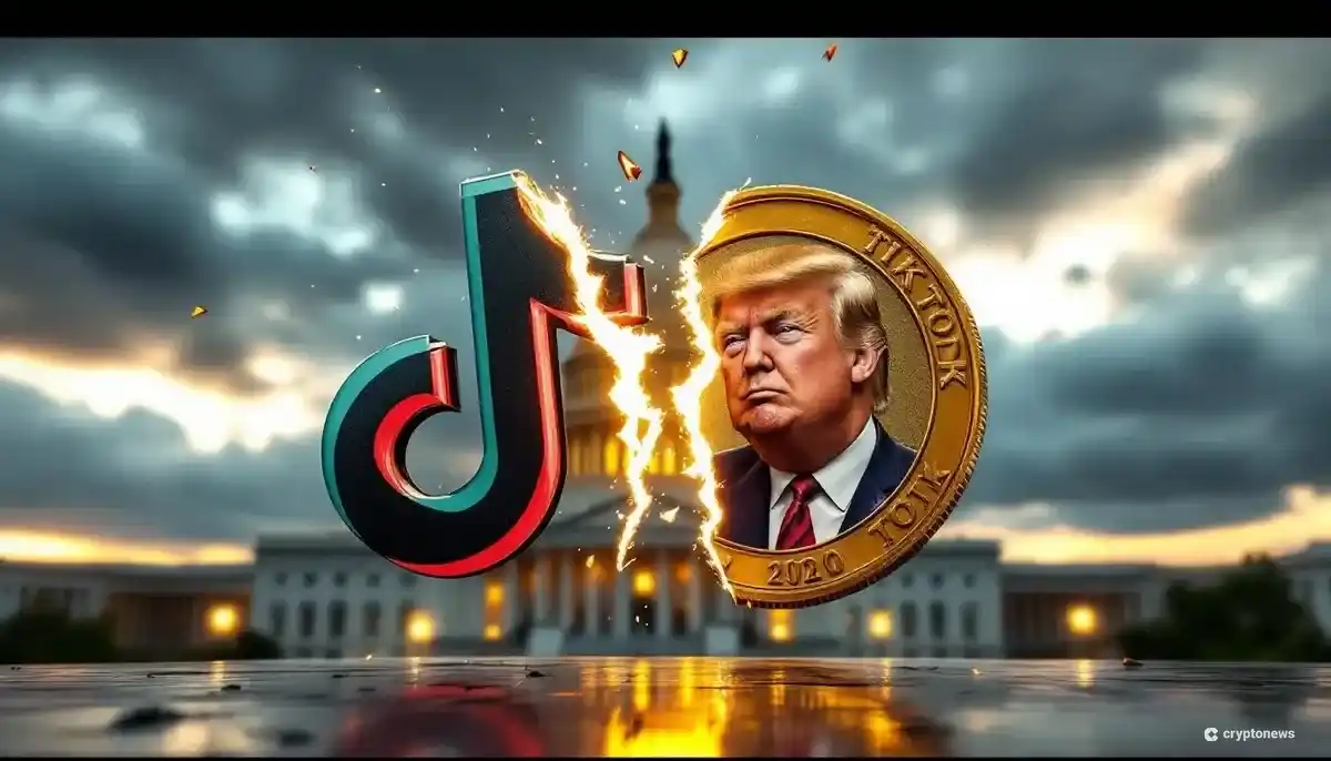 TikTokのロゴとトランプ氏のミームコインが衝突し、背景に米国議会議事堂が見える政治的混乱を象徴する画像