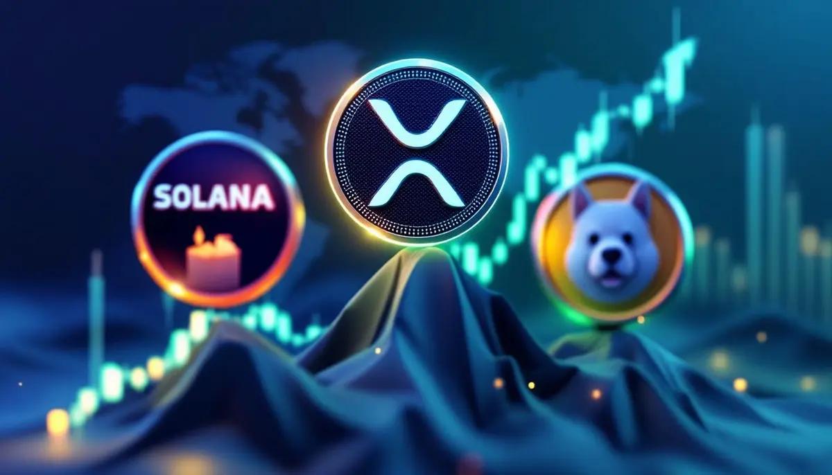 ソラナ、XRP、ドージコインのシンボルが金融チャートの上で上昇している様子を示す3Dグラフィック