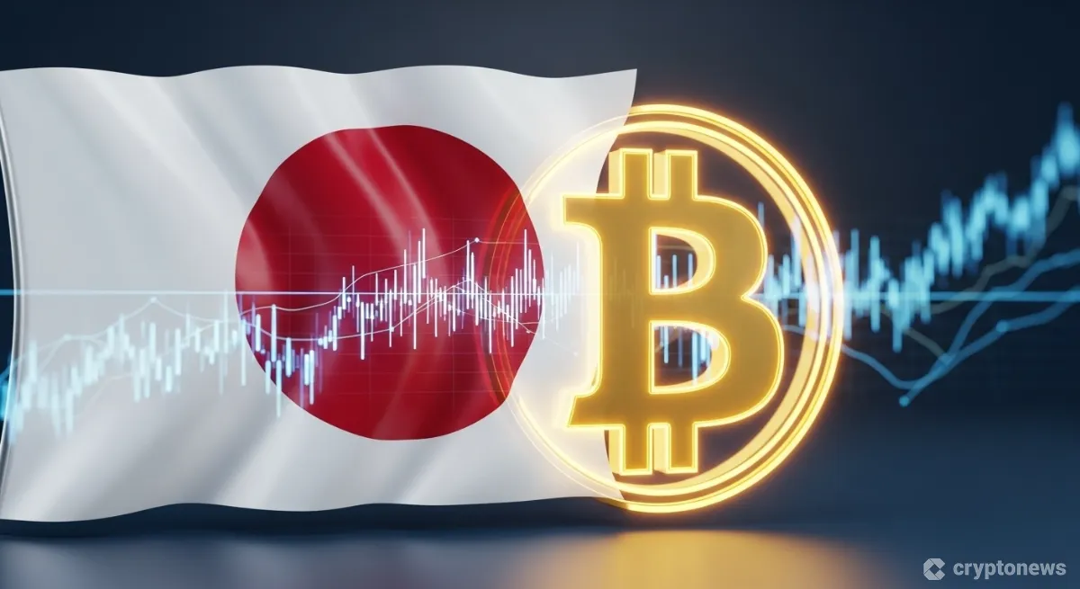 日本の国旗とビットコインのシンボルが融合した未来的な画像