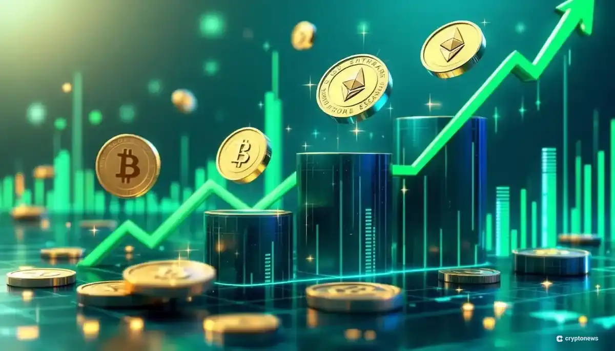 地政学的緊張の緩和を受けて上昇する仮想通貨市場を示すチャートとコインのイメージ