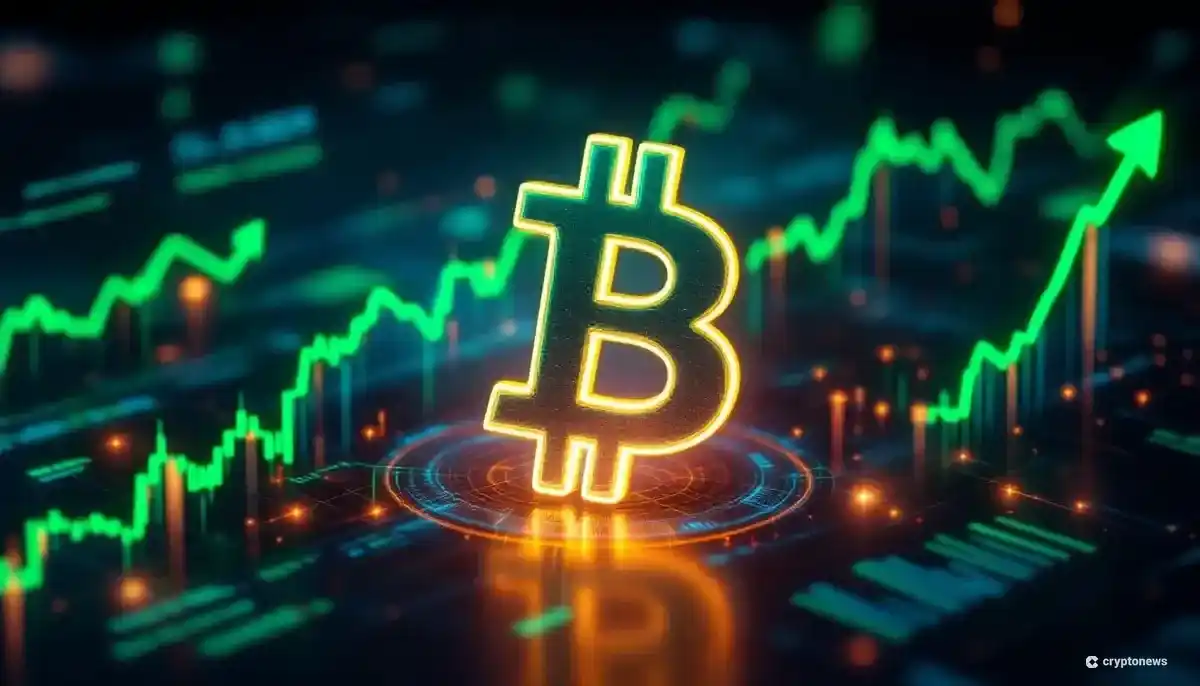 ビットコインのロゴと上昇する緑色の金融チャートが描かれた未来的背景の画像