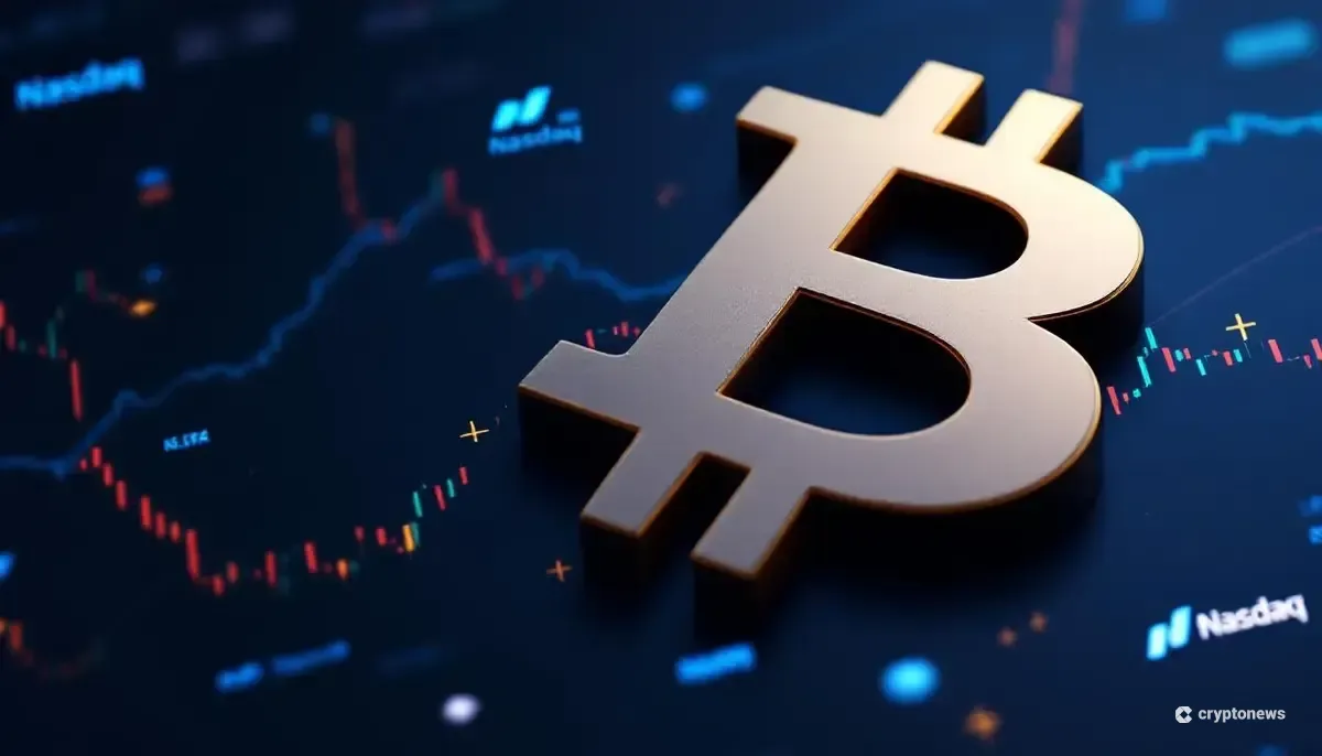 ビットコインのシンボルと金融市場のグラフが融合した未来的なイメージ