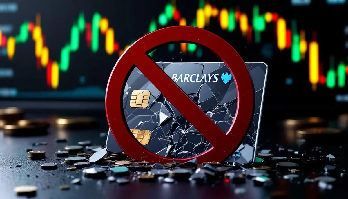 仮想通貨の価格チャートの前で破壊されたバークレイズのクレジットカード