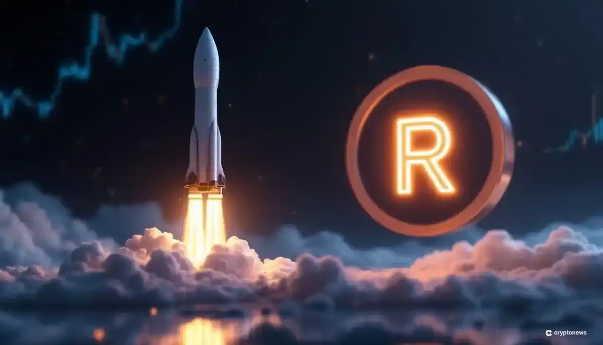 SpaceXのロケットと、Republicのデジタル資産を象徴するトークンが浮かぶ未来的なイメージ