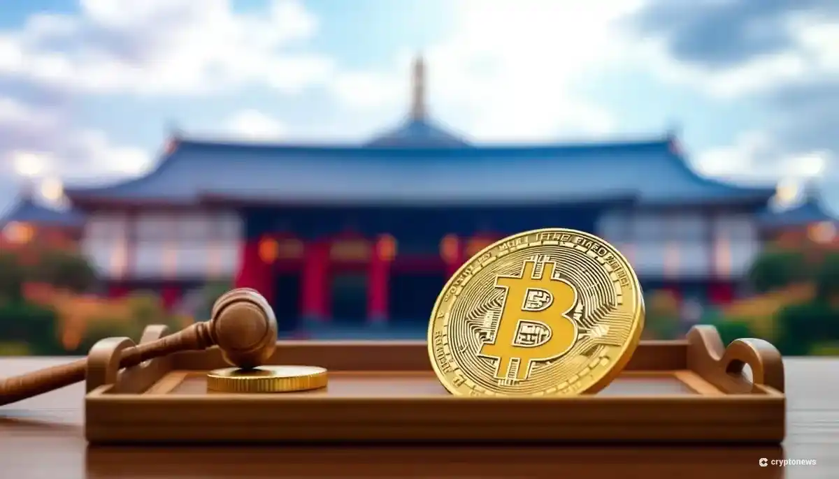日本の国会議事堂を背景に、規制の象徴である木槌と並べられたビットコインのシンボル