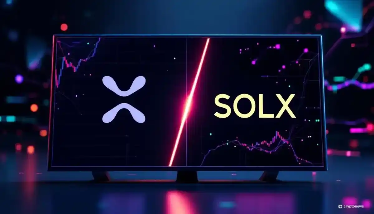 リップル(XRP)とSolaxy(SOLX)のロゴが対比される未来的な仮想通貨のイメージ