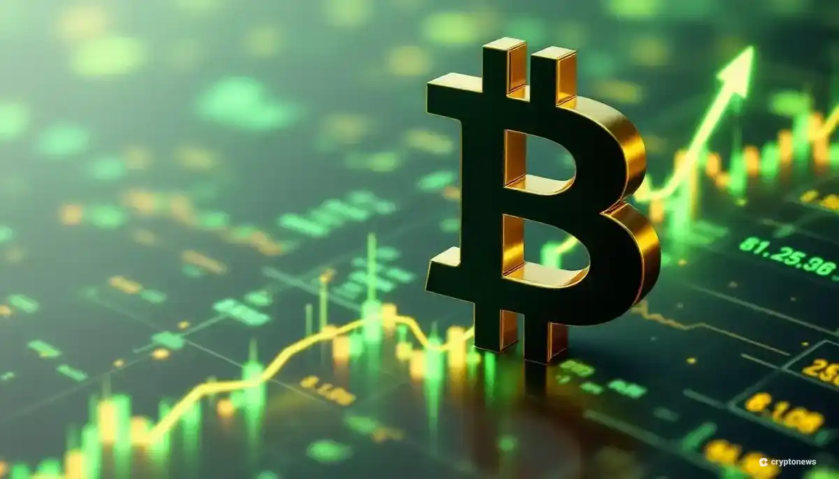 上昇傾向を示す金融チャートを背景に、ビットコインのシンボルが輝いている様子。