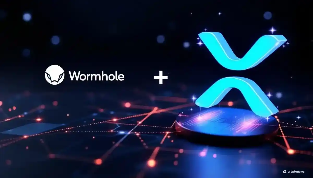 ワームホールのロゴとXRPのロゴが光の橋で結ばれる未来的なイメージ