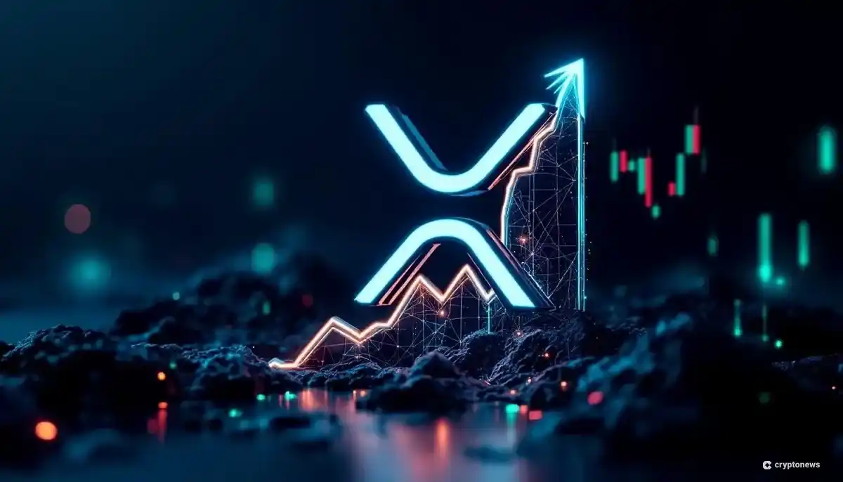 テクニカルチャートを背景に上昇するXRPのロゴ