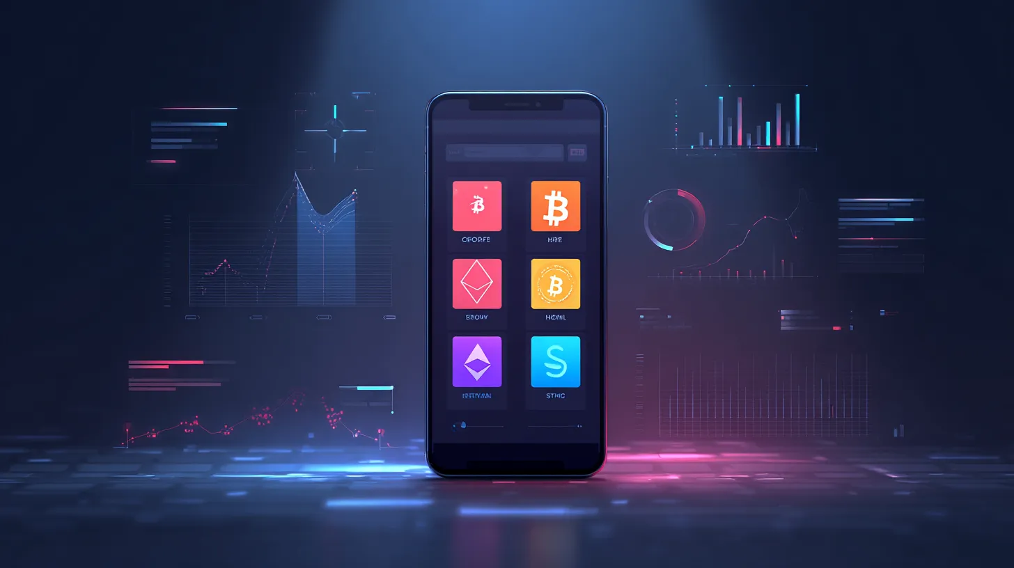 仮想通貨アプリを表示するスマートフォンと、背景に浮かぶデジタルチャートやグラフ