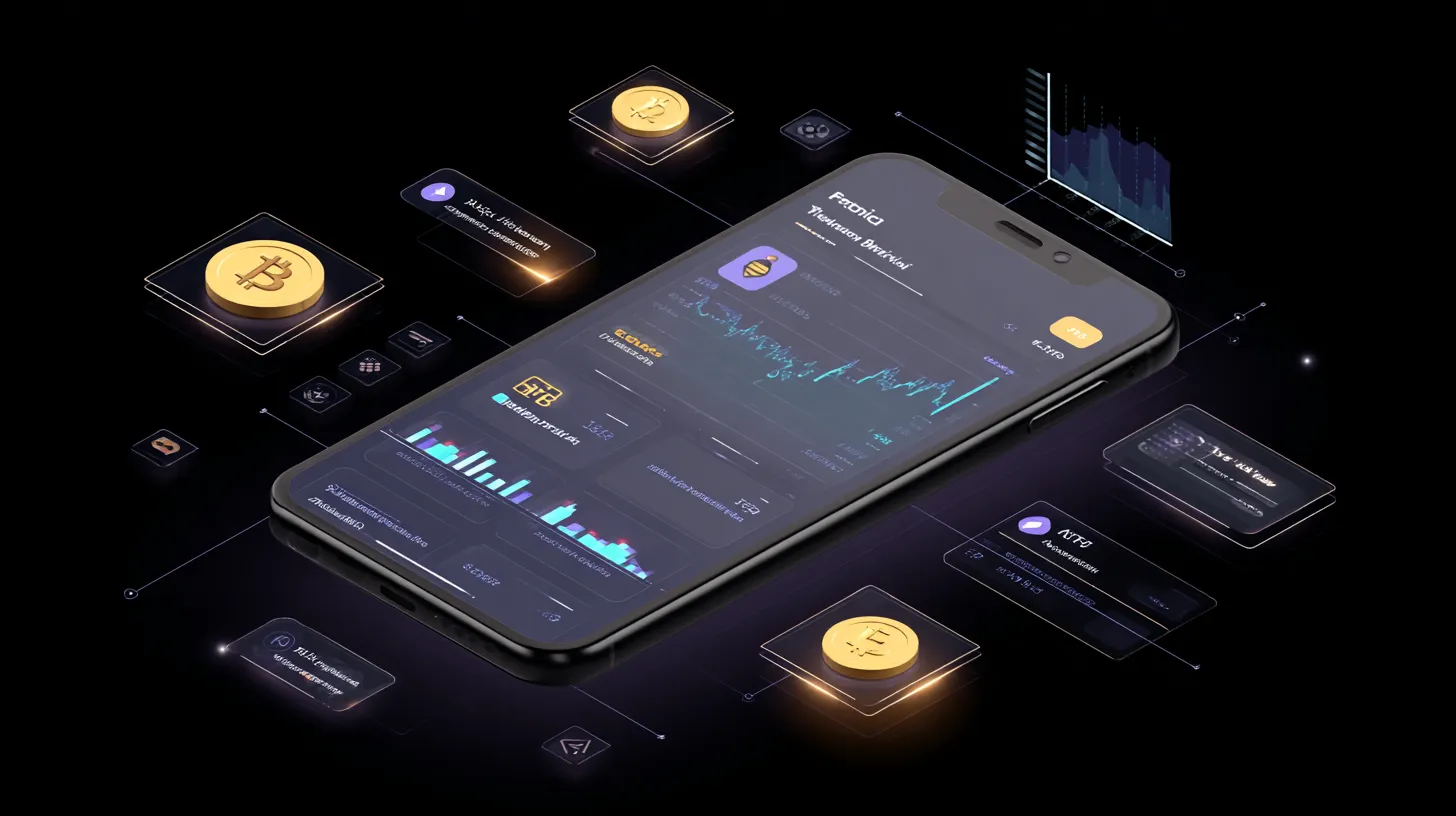 仮想通貨の価格チャートや取引情報を表示するスマートフォンの画面と、周囲に浮かぶ仮想通貨アイコン