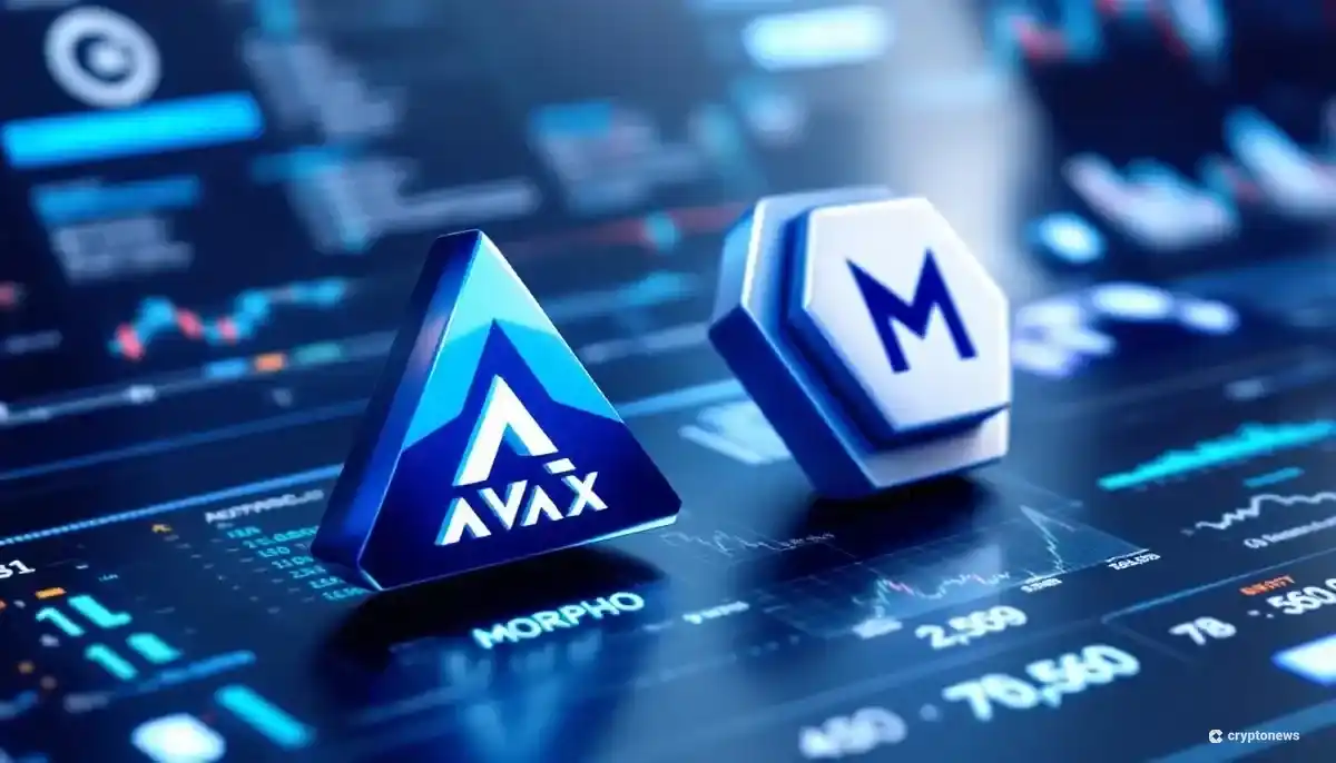 グレイスケールのロゴを背景に、アバランチ（AVAX）とMorpho（MORPHO）のシンボルが並ぶ未来的なダッシュボード。