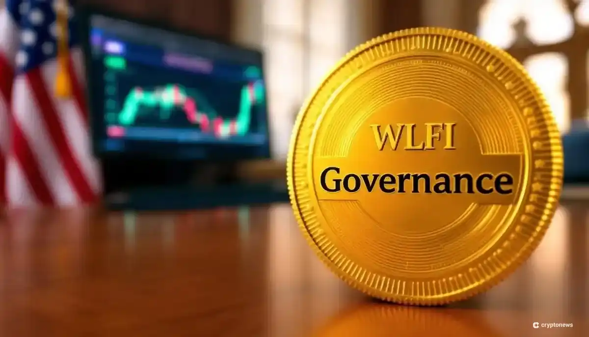 WLFIと刻印された金色のガバナンストークンと、背景に表示された金融チャート