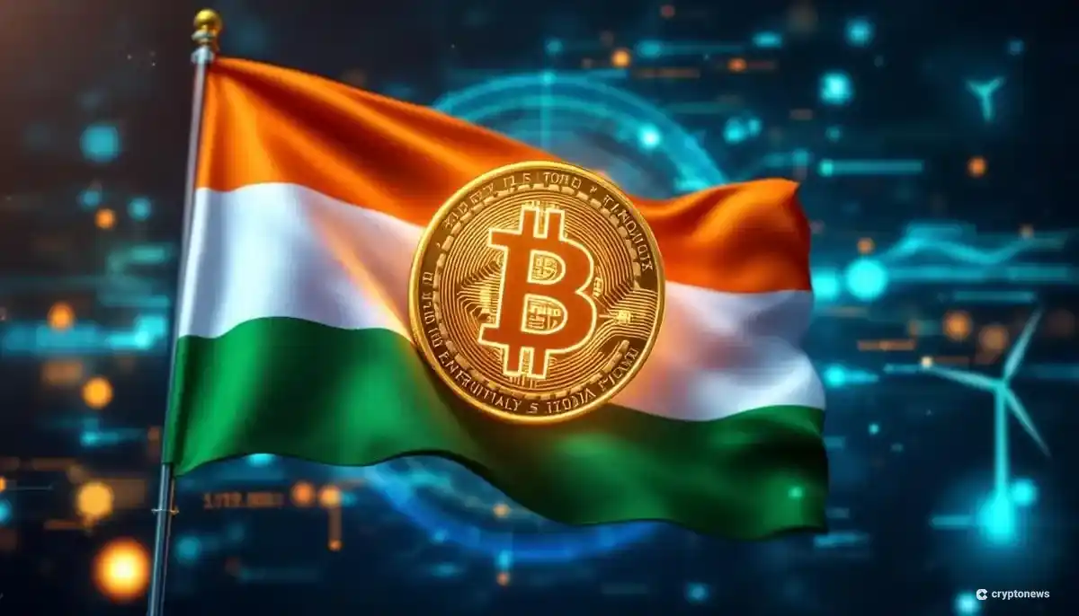 インド国旗とビットコインのシンボルが融合した未来的な画像