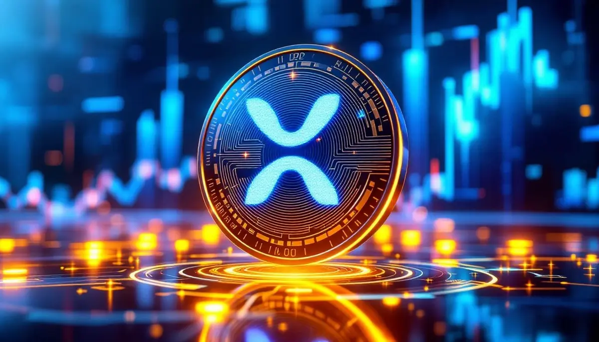 上昇する金融チャートを背景に、未来的な光を放つリップル(XRP)のシンボル