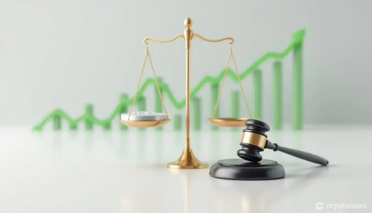 正義の天秤に乗るリップル(XRP)のシンボルと裁判官の木槌